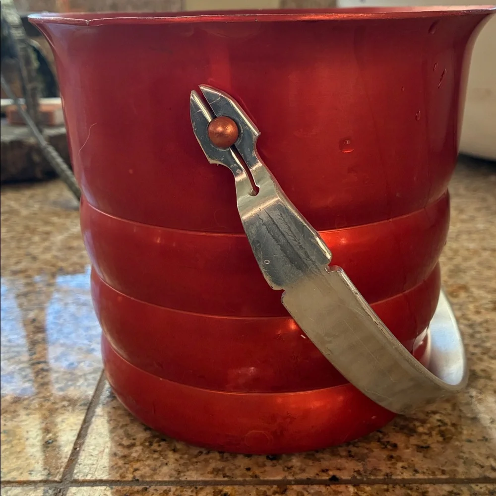 Kromex Red Metal Ice Bucket with Handle Enduringly Beautiful W/ Silver Handle